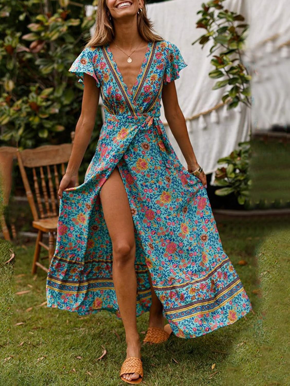 Womens Boho Wrap Dresses: Women Summer Maxi Midi Beach Bohemian Floral Dress Short Sleeve V-Neck Casual Size S-XL