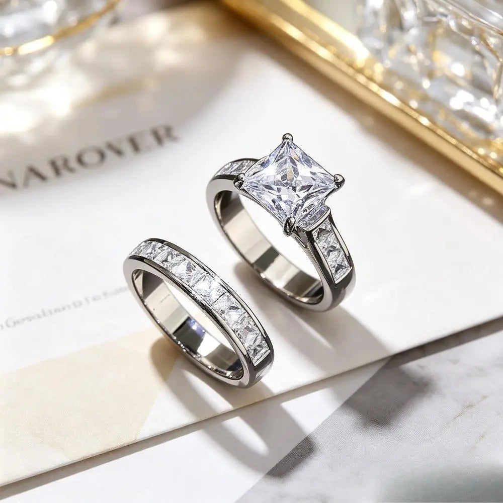 Classic Princess Cut Engagement Ring Set, 2-Piece Gold-Tone Promise Band, Timeless Statement Jewelry Gift