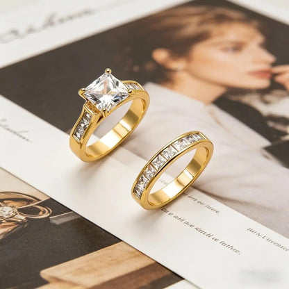 Classic Princess Cut Engagement Ring Set, 2-Piece Gold-Tone Promise Band, Timeless Statement Jewelry Gift