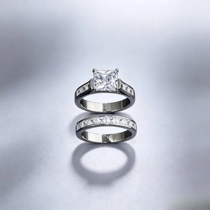 Classic Princess Cut Engagement Ring Set, 2-Piece Gold-Tone Promise Band, Timeless Statement Jewelry Gift