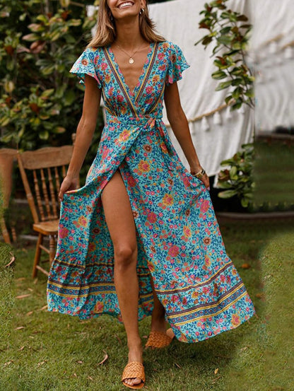 Womens Boho Wrap Dresses: Women Summer Maxi Midi Beach Bohemian Floral Dress Short Sleeve V-Neck Casual Size S-XL