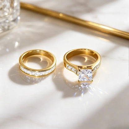 Classic Princess Cut Engagement Ring Set, 2-Piece Gold-Tone Promise Band, Timeless Statement Jewelry Gift