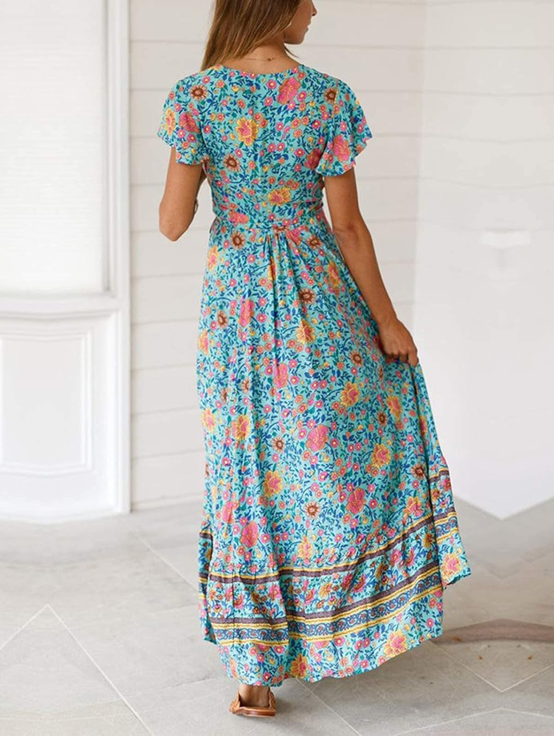 Womens Boho Wrap Dresses: Women Summer Maxi Midi Beach Bohemian Floral Dress Short Sleeve V-Neck Casual Size S-XL