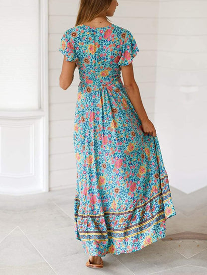 Womens Boho Wrap Dresses: Women Summer Maxi Midi Beach Bohemian Floral Dress Short Sleeve V-Neck Casual Size S-XL