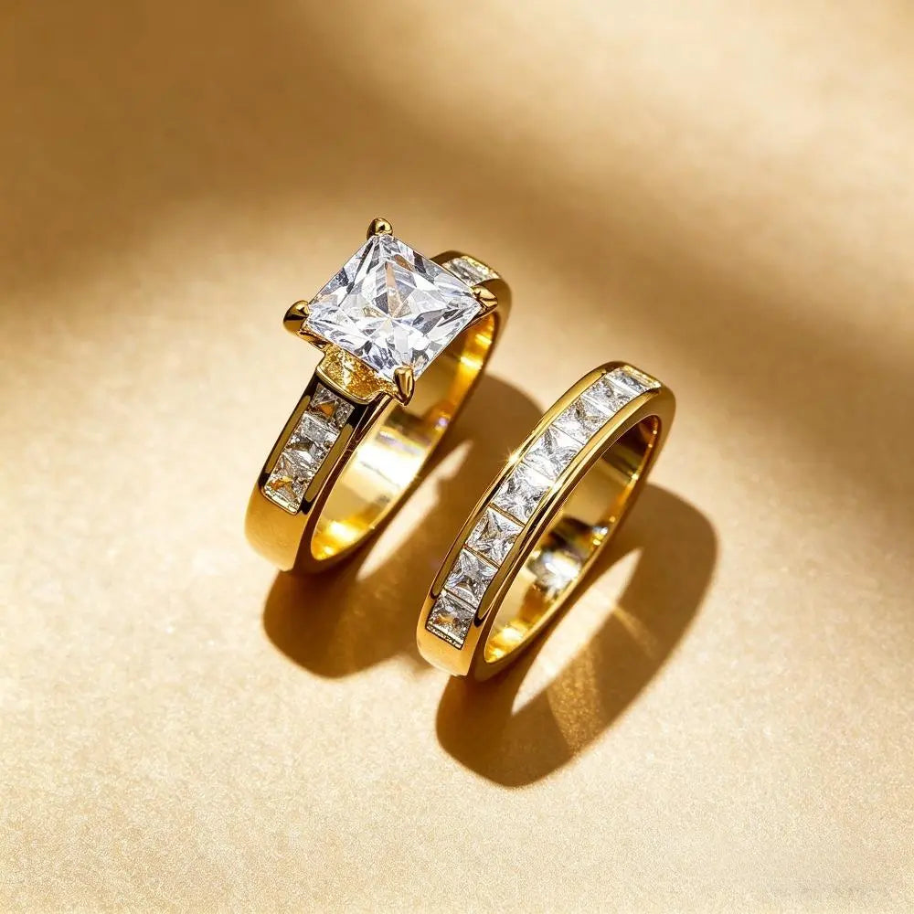 Classic Princess Cut Engagement Ring Set, 2-Piece Gold-Tone Promise Band, Timeless Statement Jewelry Gift