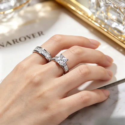 Classic Princess Cut Engagement Ring Set, 2-Piece Gold-Tone Promise Band, Timeless Statement Jewelry Gift