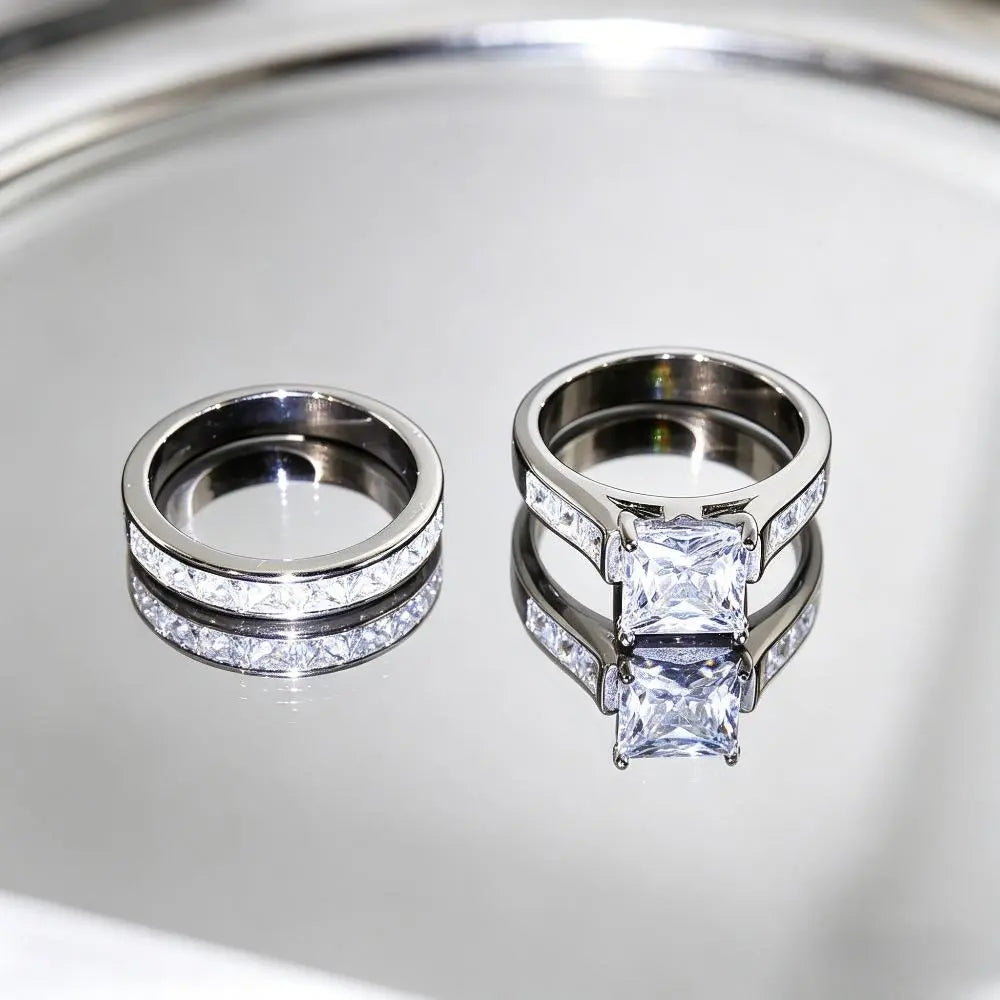 Classic Princess Cut Engagement Ring Set, 2-Piece Gold-Tone Promise Band, Timeless Statement Jewelry Gift